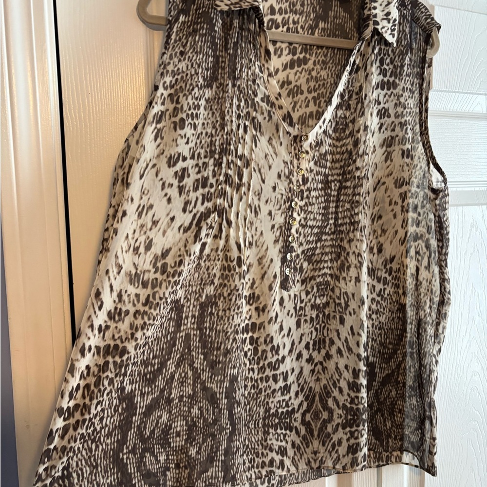 New York & Company Gray Brown Sleeveless Blouse Notched Collar